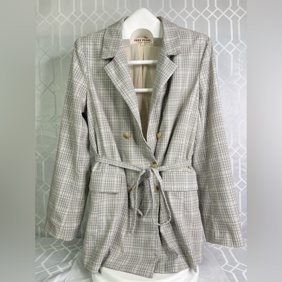 Free People Jackets & Blazers - Free People Beige Plaid Belted Blazer Like New